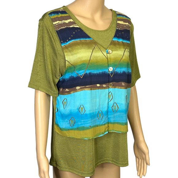 Cascais Of California Womens L Green Blue Short Sleeve Stretch Blouse Shirt - Picture 3 of 11